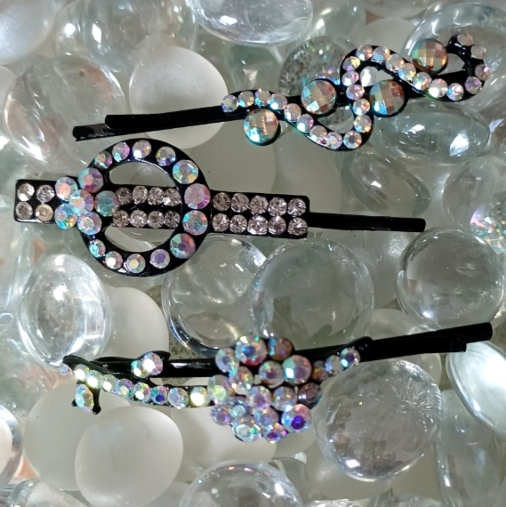 EUC Black with Iridescent Rhinestones Hair Clips - Set of 3